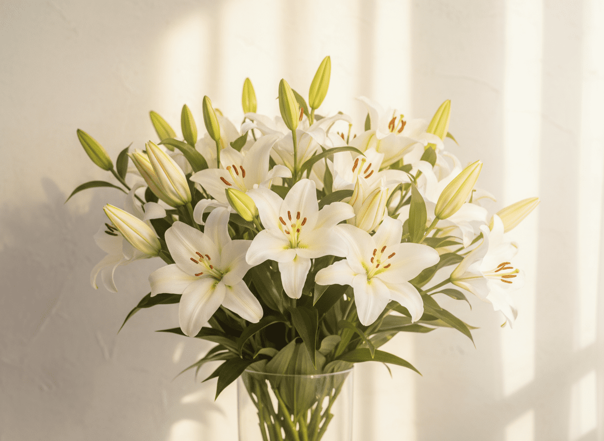 Lilien in natürlichem, warmem Licht, freundlich arrangiert vor hellem Hintergrund