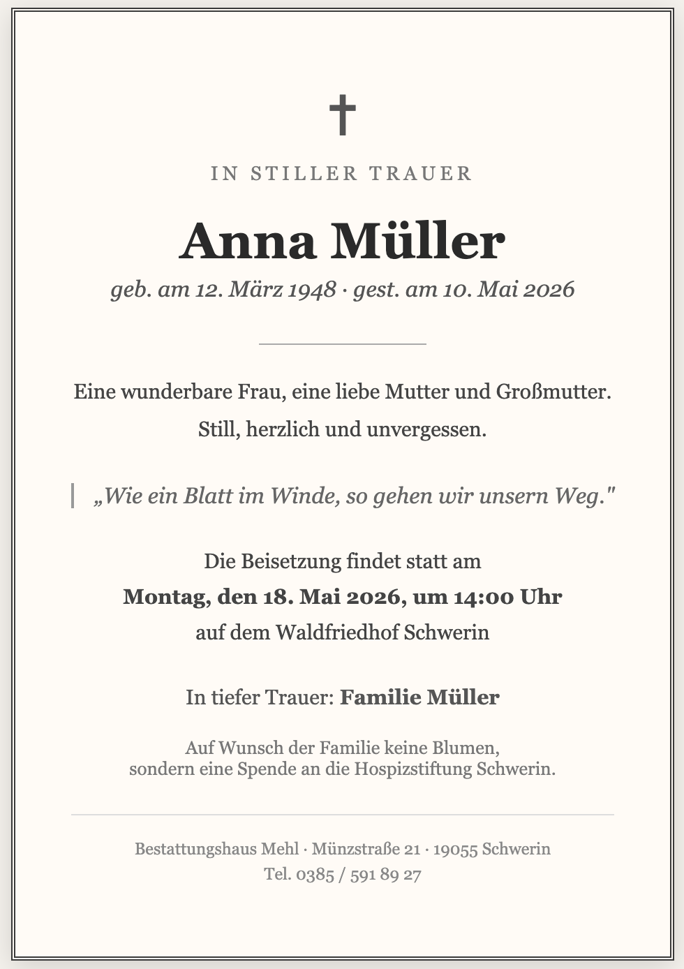 Beispiel Traueranzeige